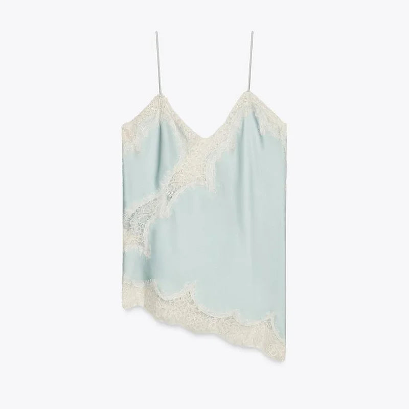 Summer Women Halter Top Satin Lace Spliced Tank Backless Deep Neck Sexy Vest Irregular Hem Vestidos 2025 Lady Vacation Sexy Tops