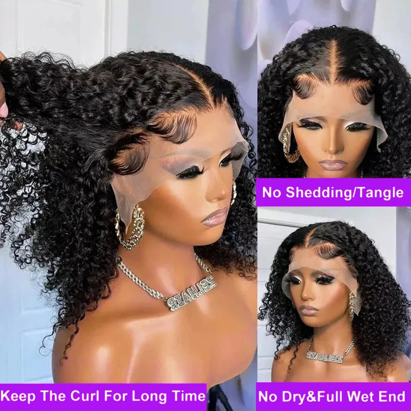 Deep Wave Human Hair Wigs Short 13x4 Lace Frontal Bob Wig 200% Density Water Wave Transparent Lace Pre Plucked Wigs For Women 1B