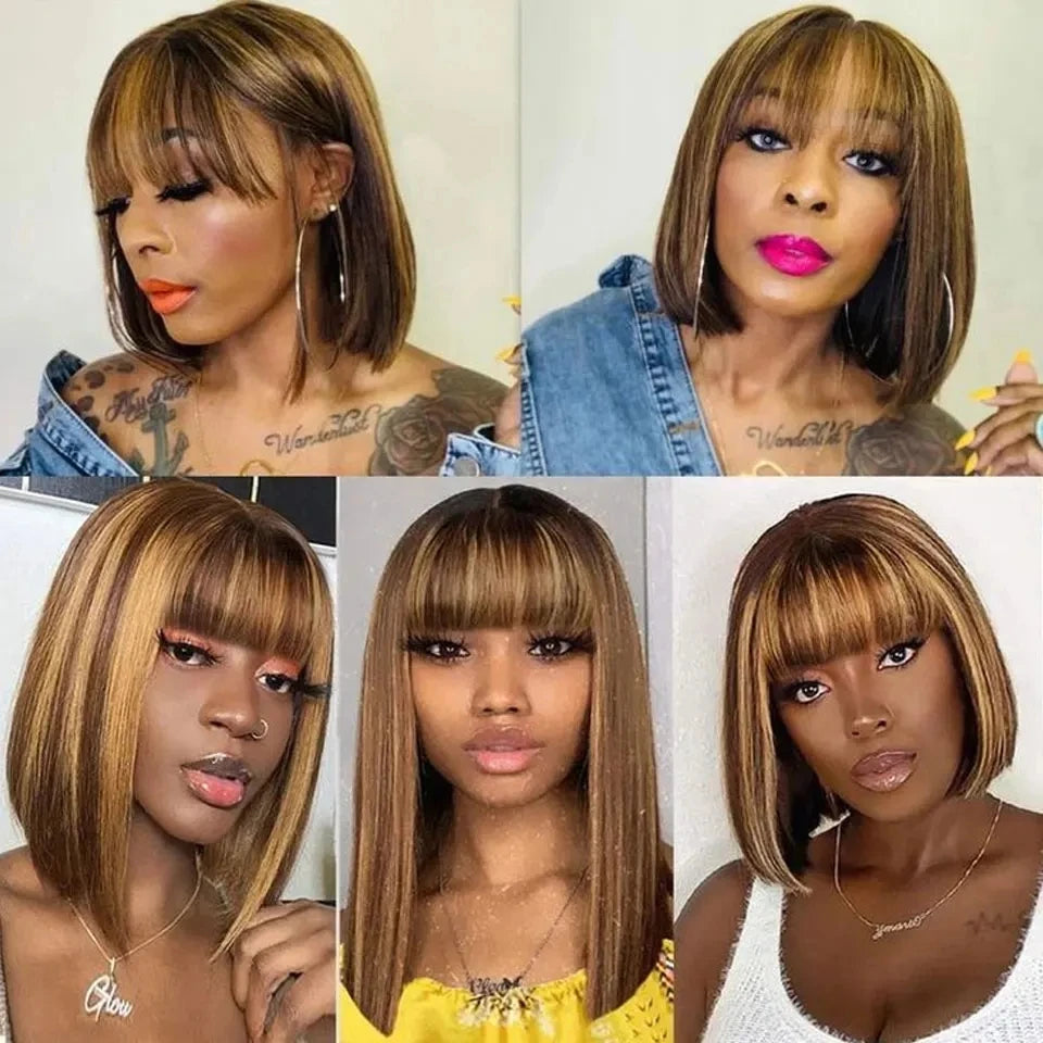 100% Human Hair Wig With Bangs Brazilian Straight Bangs Bob Wigs Full Machine Made Wig For Women Short Bob Wigs