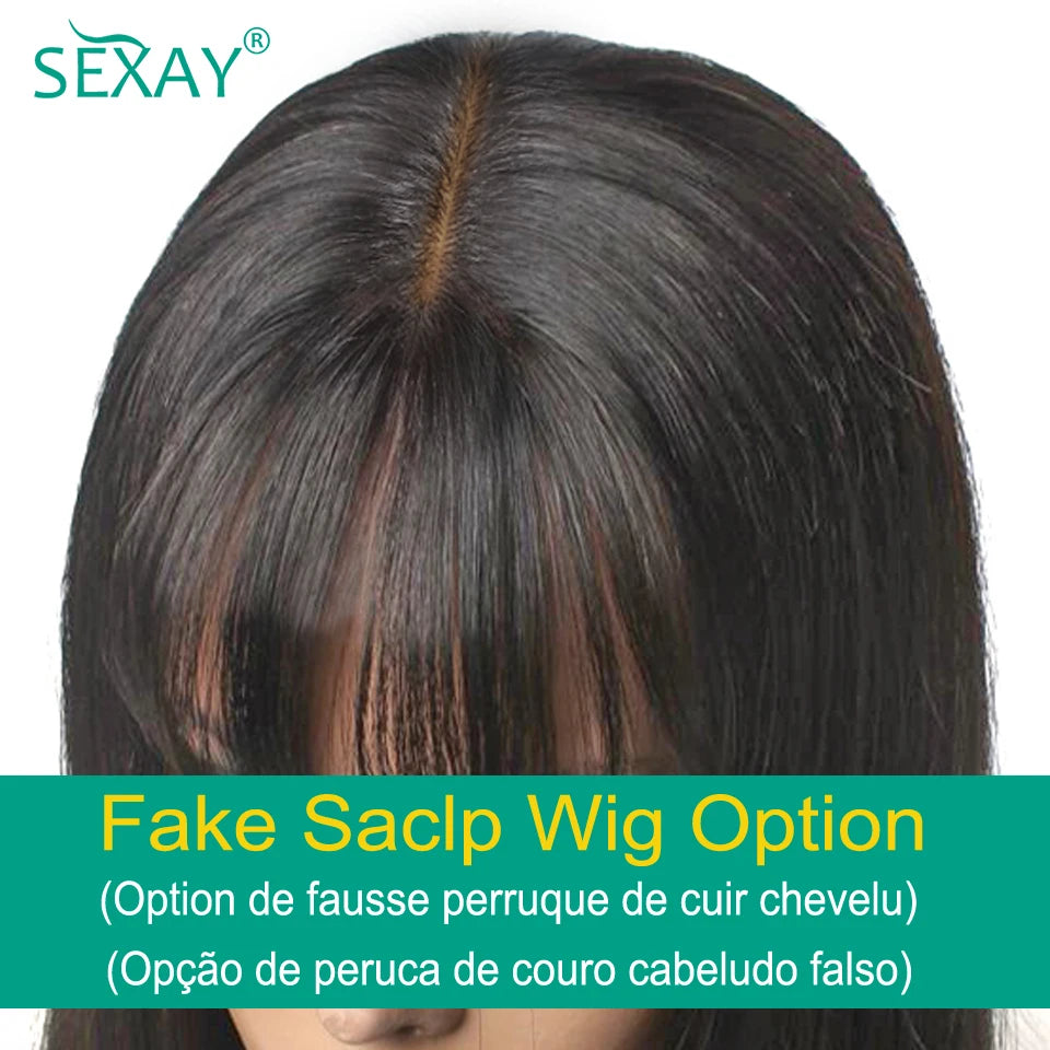 PU Fake Scalp Human Hair Wigs With Bangs 16-32 Inch Brazilian Deep Wave Curly Bangs Human Hair Fringe Wig 180 Density For Women