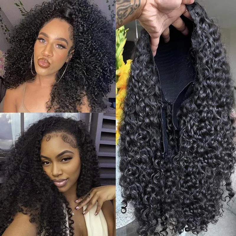 Water Curly Half Wig Drawstring Human Hair Wigs 3 In 1 Flip Over Half Wig Glueless Wig Elastic Band Clip in Hair 3/4 Half Wig