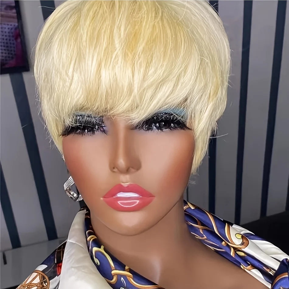 Human Hair Wig Pixie Cut Wig Highlight Short Wig With Bangs Human Hair machine made Wig For Women