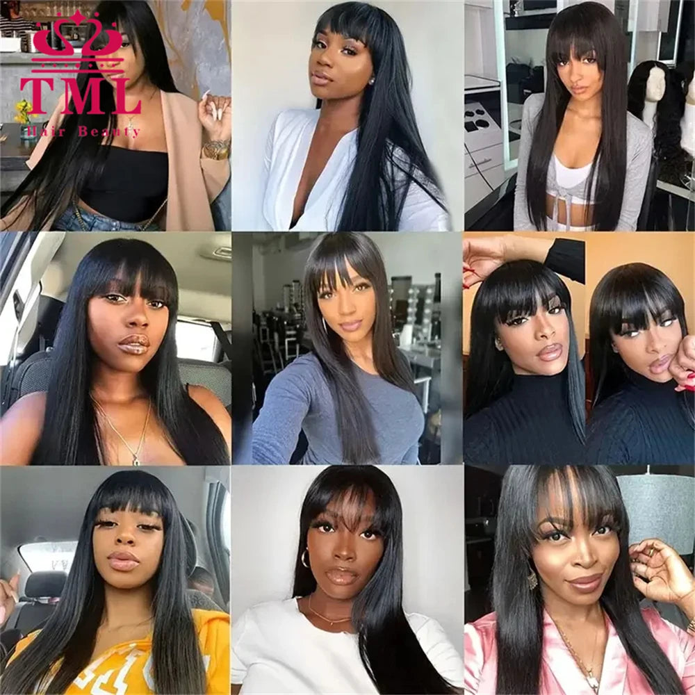 Bone Straight Human Hair Wigs with Bangs For Women Brazilian Natural Cheap Full Machine Made Wigs 30Inch Long Straight Bangs Wig