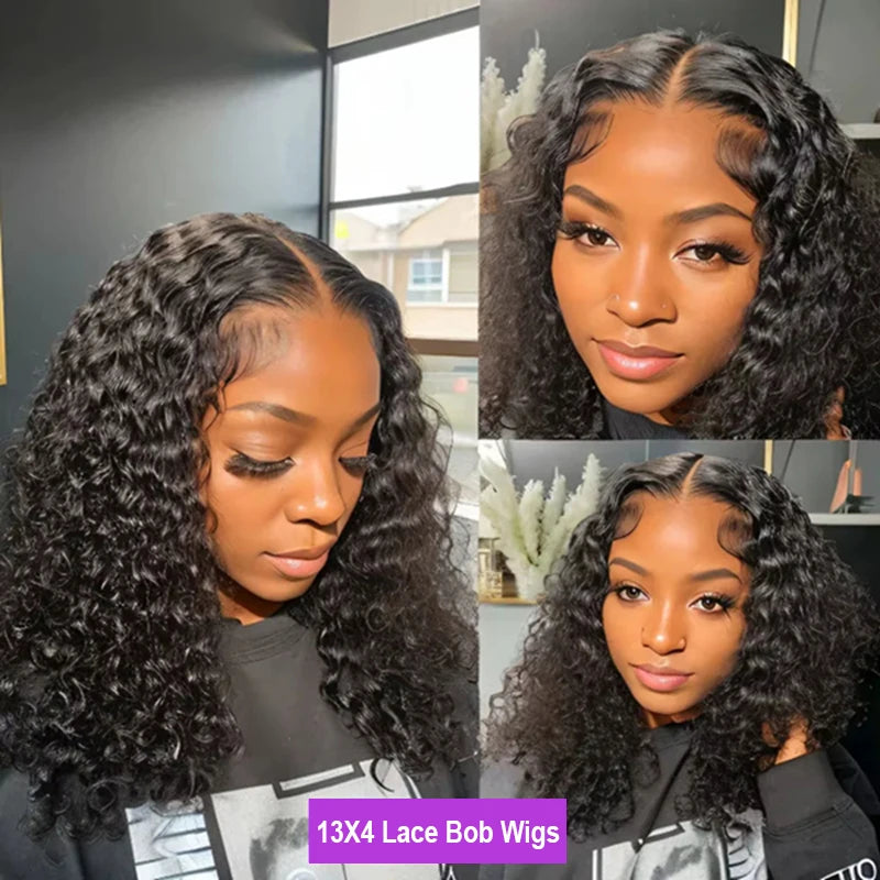 Deep Wave Human Hair Wigs Short 13x4 Lace Frontal Bob Wig 200% Density Water Wave Transparent Lace Pre Plucked Wigs For Women 1B