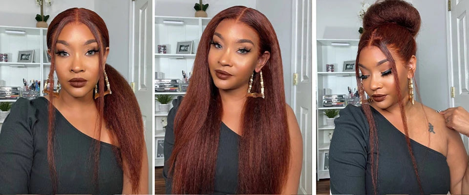 Reddish Brown Wig Kinky Straight Human Hair Wigs Curly Front 13x6 Hd Lace Frontal Wig Glueess Brazilian Wigs On Sale Clearance