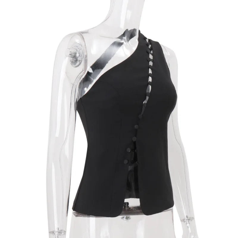 Summer New Fashion Design Oblique Neck Hook Buckles Hot Girl Sleeveless Tank Top