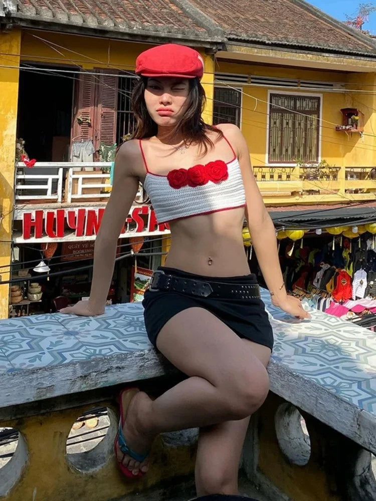 Floral Hot Tops For Women Edgy Clothes Y2k Accessories Knitted Corset Streetwear Spaghetti Strap Ropa Mujer White Camison Verano