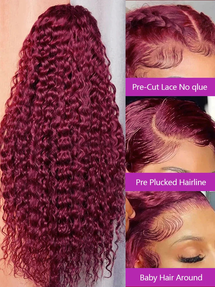 Curly Wigs 30 Inch Burgundy 13x4 Lace Frontal Human Hair Wigs High Density 99J Red Colored Deep Wave Human Hair Wigs Pre Plucked