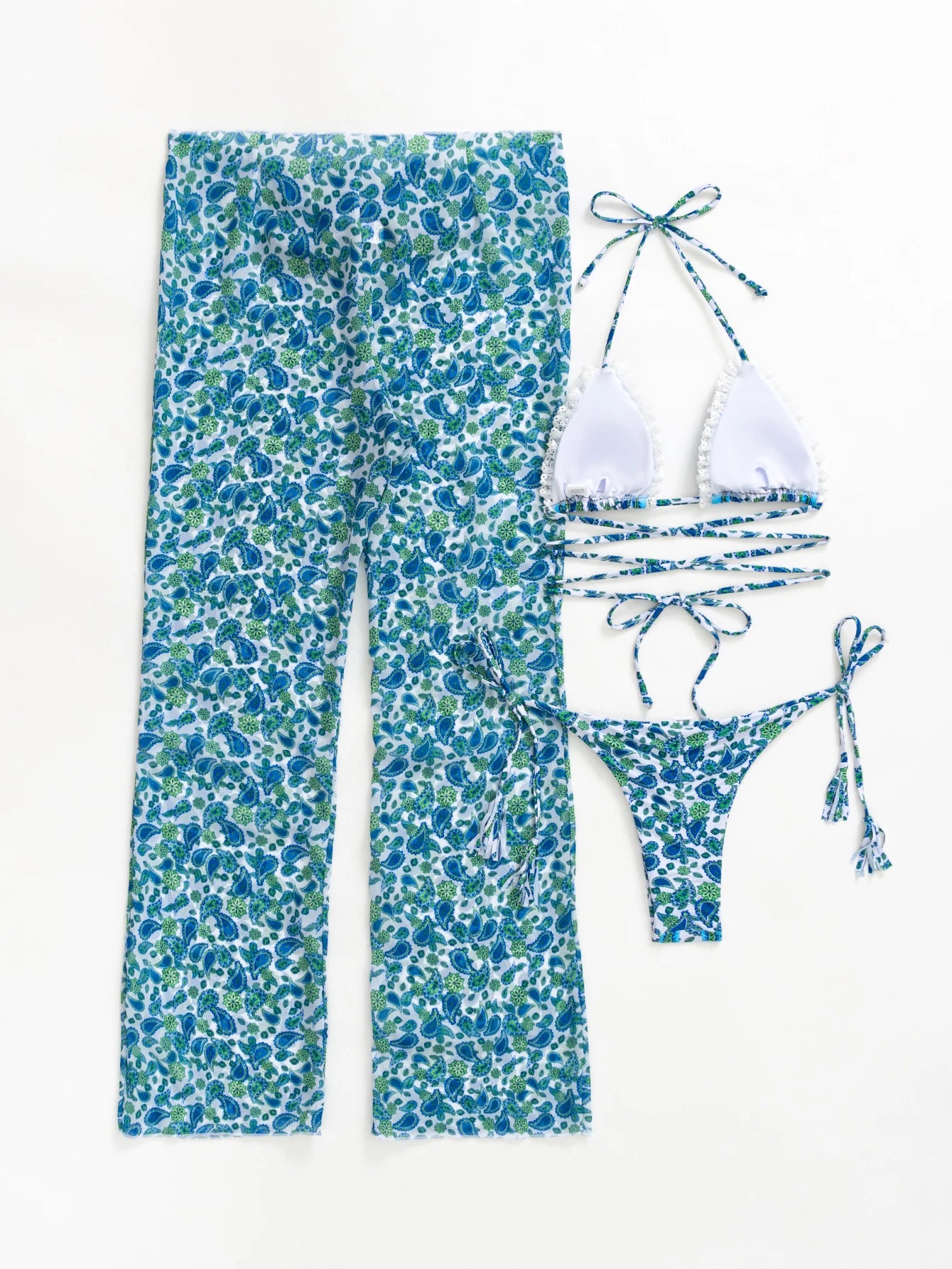 Sexy Women 3 Pieces Swimsuits Cover Ups Swimming Suits Female Swim Wear High Waist Pants Backless Dress Summer Outfits Beachwear