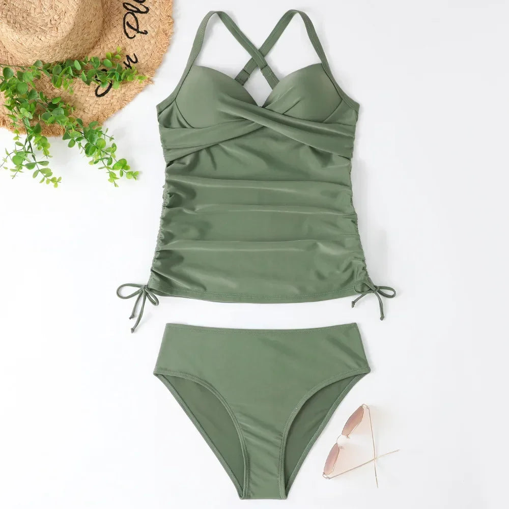 Summer Two Pieces Swimsuits Woman High Waisted Swimwear Female Tankini Sets Beach Wear Bathing Suit Sports Women Swimming Suit