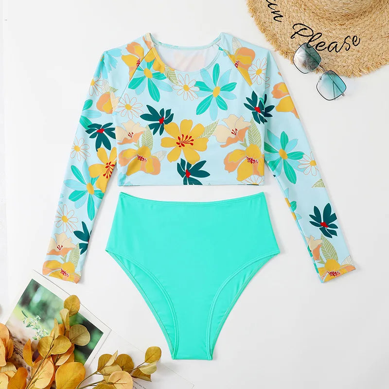 Sexy Women Swimsuit 2025 Bikinis Set Long Sleeve Swimwear Surfing Two Piece Swimsuit Tankini Swimming Bathing Suit Beach Wear