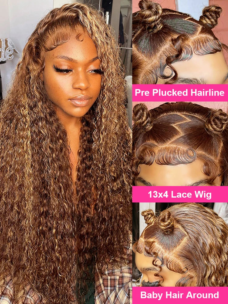 High Density 30 Inch Deep Wave 13x4 HD Lace Front Human Hair Wig Water Wave Curly Transpare Ombre Brown Wig Human Hair For Women