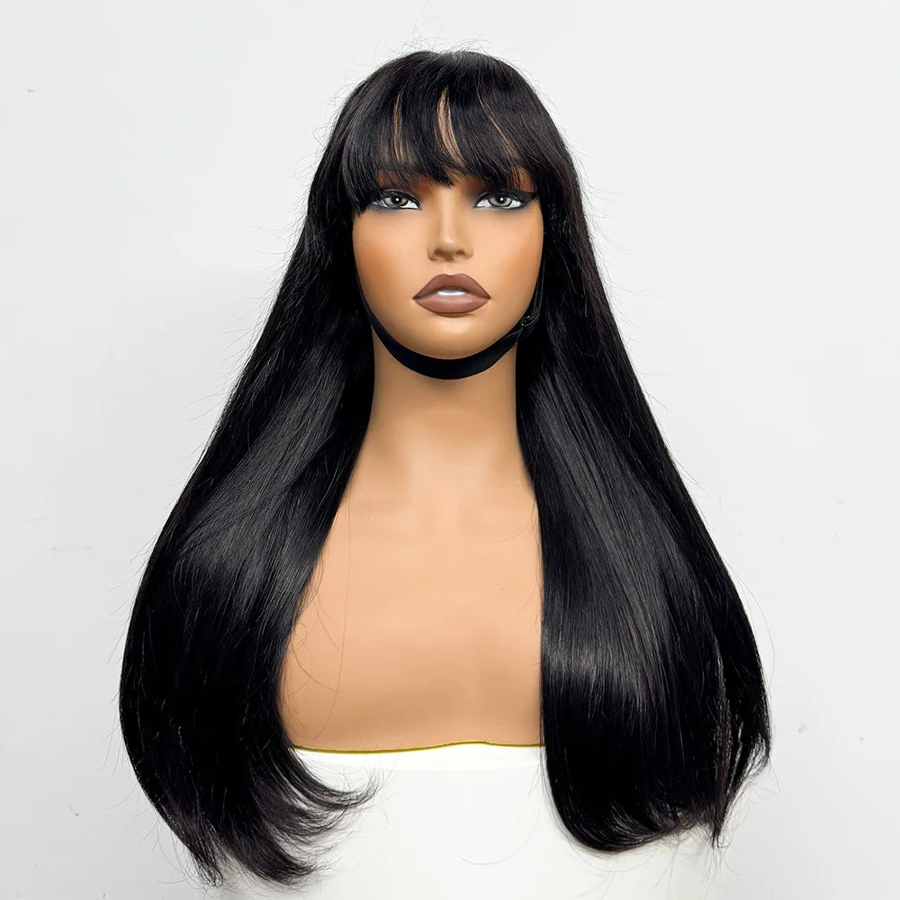 280% Density Straight Human Hair Wig With Bangs 100% Human Hair Wig 1x3 Lace Bang Straight Wig for Black Girl Women