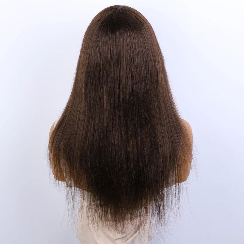 Sleek Chocolate Brown Long Straight 100% Human Hair Wig With Bangs For Women Brazilian Remy Hair Full Machine Made Daily Wigs