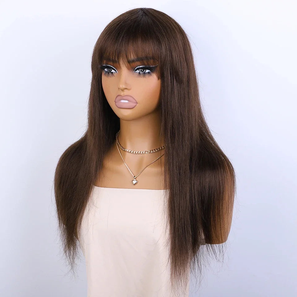 Sleek Chocolate Brown Long Straight 100% Human Hair Wig With Bangs For Women Brazilian Remy Hair Full Machine Made Daily Wigs