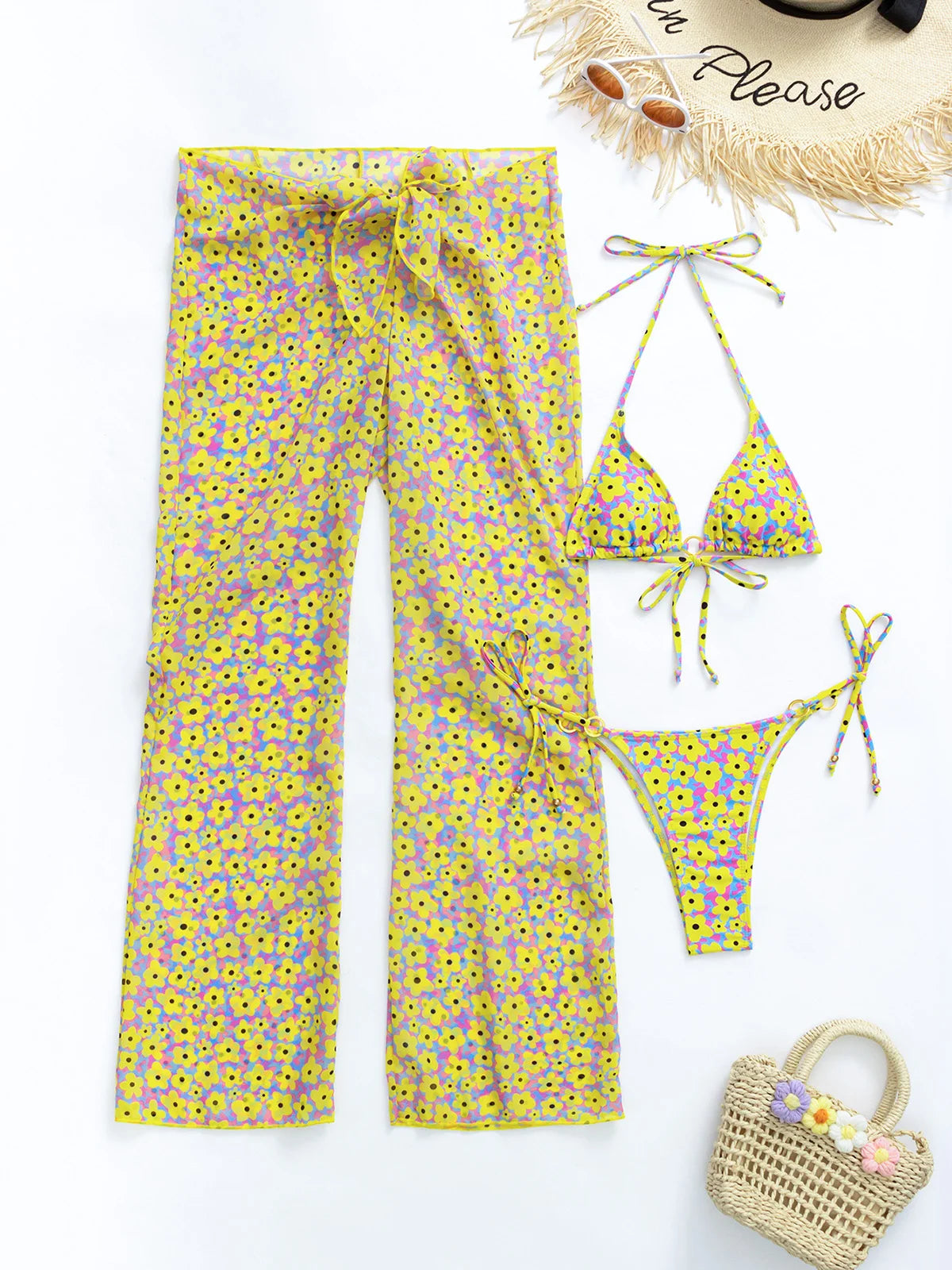 Sexy Women 3 Pieces Swimsuits Cover Ups Swimming Suits Female Swim Wear High Waist Pants Backless Dress Summer Outfits Beachwear