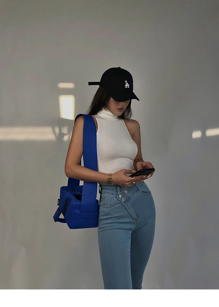 HELIAR Women Off Shoulder Tops Turtleneck Tank Tops Knitted Hot Tops Women 2024 Summer Skinny Round Neck Solid Cute Cropped