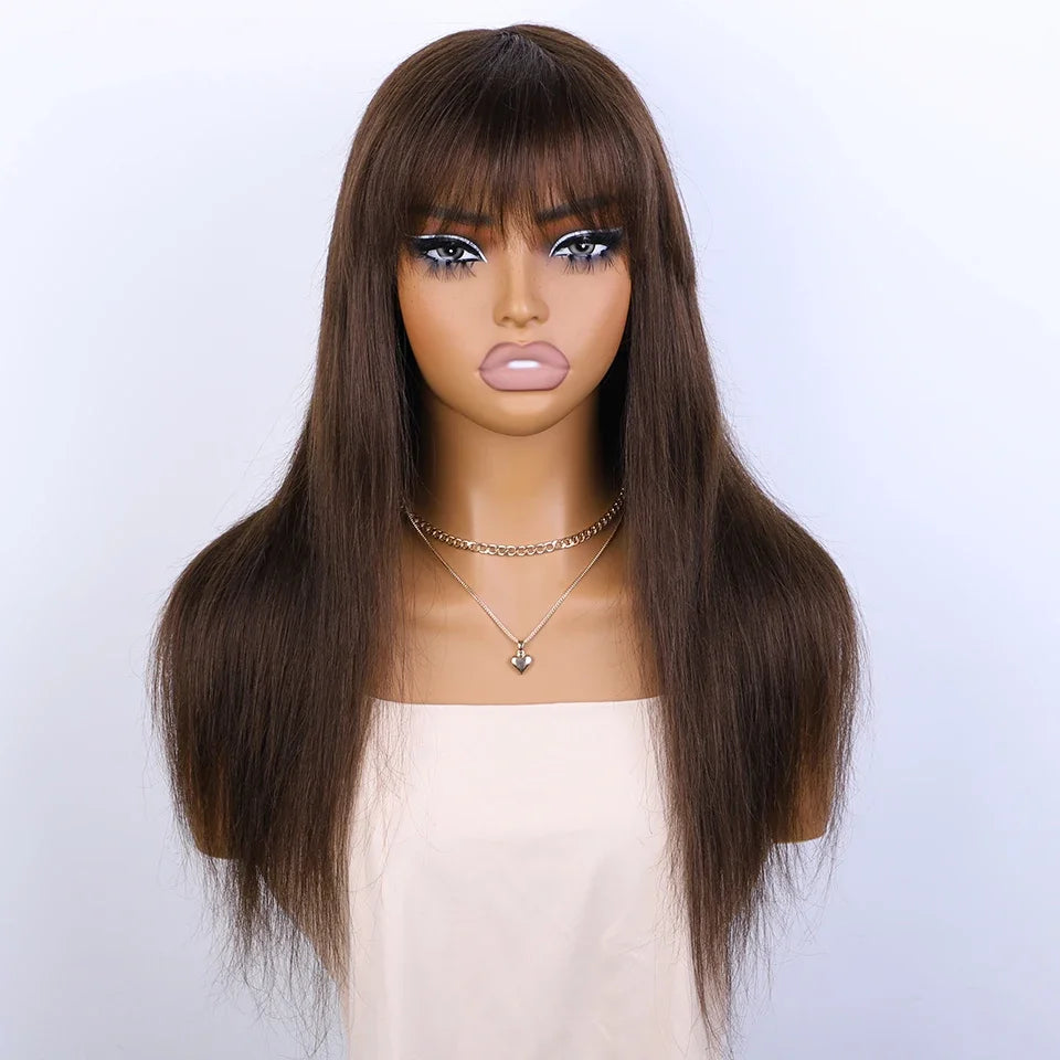 Sleek Chocolate Brown Long Straight 100% Human Hair Wig With Bangs For Women Brazilian Remy Hair Full Machine Made Daily Wigs