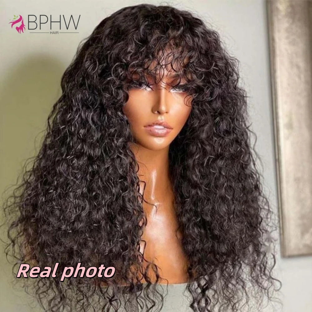 Water Wave Human Hair Wigs with Bangs Brazilian Human Hair For Women 180% Density Machine Made Deep Wave Curly Wigs Long Wigs