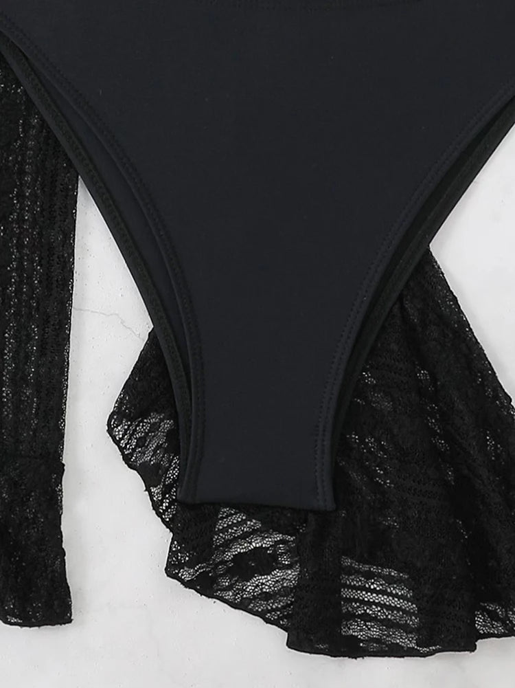 2025 Sexy Four-piece Women Swimsuit Long-sleeve Cover-up Swimwear Summer Solid Bikini Set Brazilian Beachwear Party bathing suit