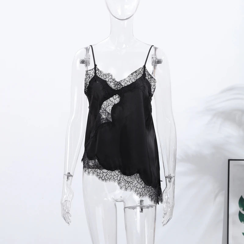 Summer Women Halter Top Satin Lace Spliced Tank Backless Deep Neck Sexy Vest Irregular Hem Vestidos 2025 Lady Vacation Sexy Tops
