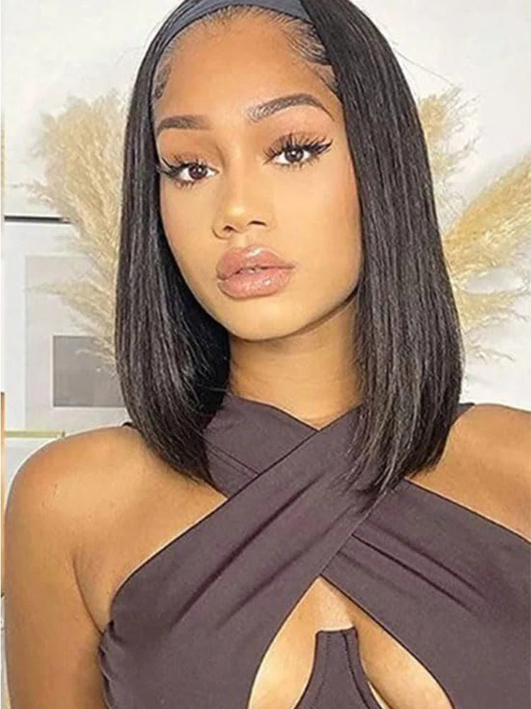Straight Human Hair Wigs - Getarme Headband Wigs Human Hair Bob Wig Full Machine Made Curly Hair Bang Wig 8-16 Inches Remy Hair