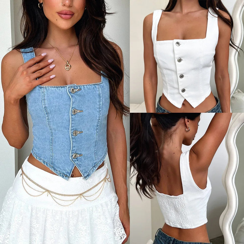 Summer Hot Sale New women's clothing products Cowboy camisole vest Sweet and fresh Buckle fashion Women's short top Solid