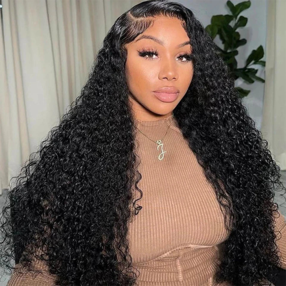 Long Kinky Curly Human Hair Wig For Women Raw Indian Hair 13X4 Transparent Lace Frontal Wig Pre-plucked 30 Inch Natural Color
