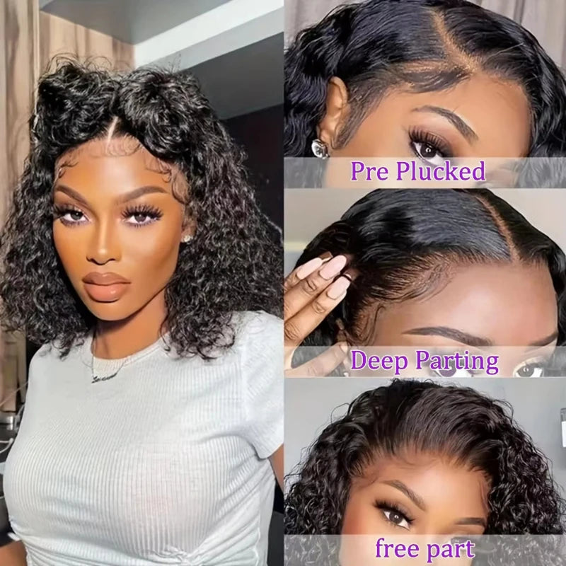 Deep Wave Human Hair Wigs Short 13x4 Lace Frontal Bob Wig 200% Density Water Wave Transparent Lace Pre Plucked Wigs For Women 1B