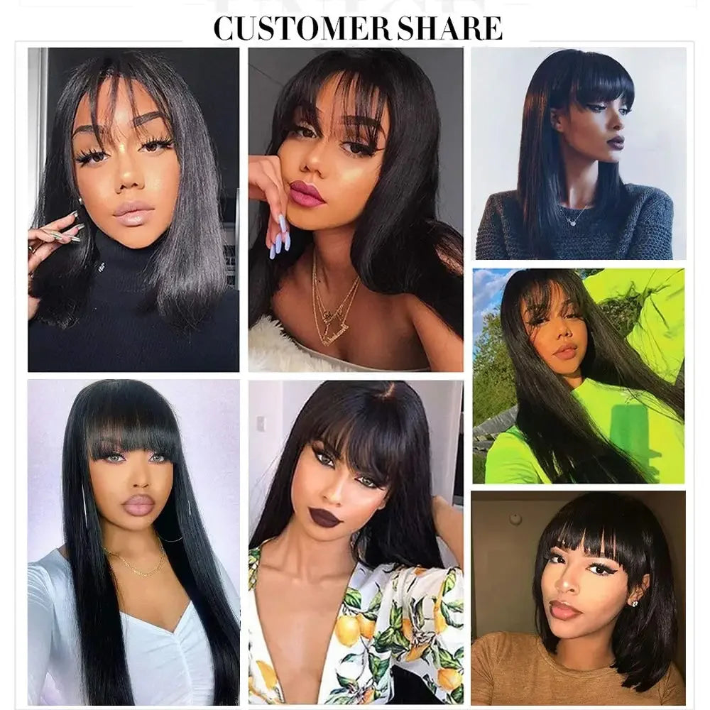 12A Straight Human Hair Wig With Bang Brazilian Wig Wholesale Fringe Wig Long Inch Full Machine Made Wig For Women Short Bob Wig