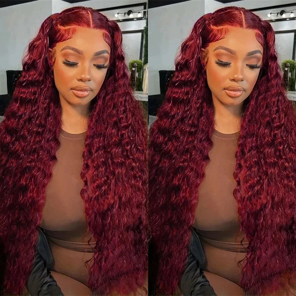Curly Wigs 30 Inch Burgundy 13x4 Lace Frontal Human Hair Wigs High Density 99J Red Colored Deep Wave Human Hair Wigs Pre Plucked