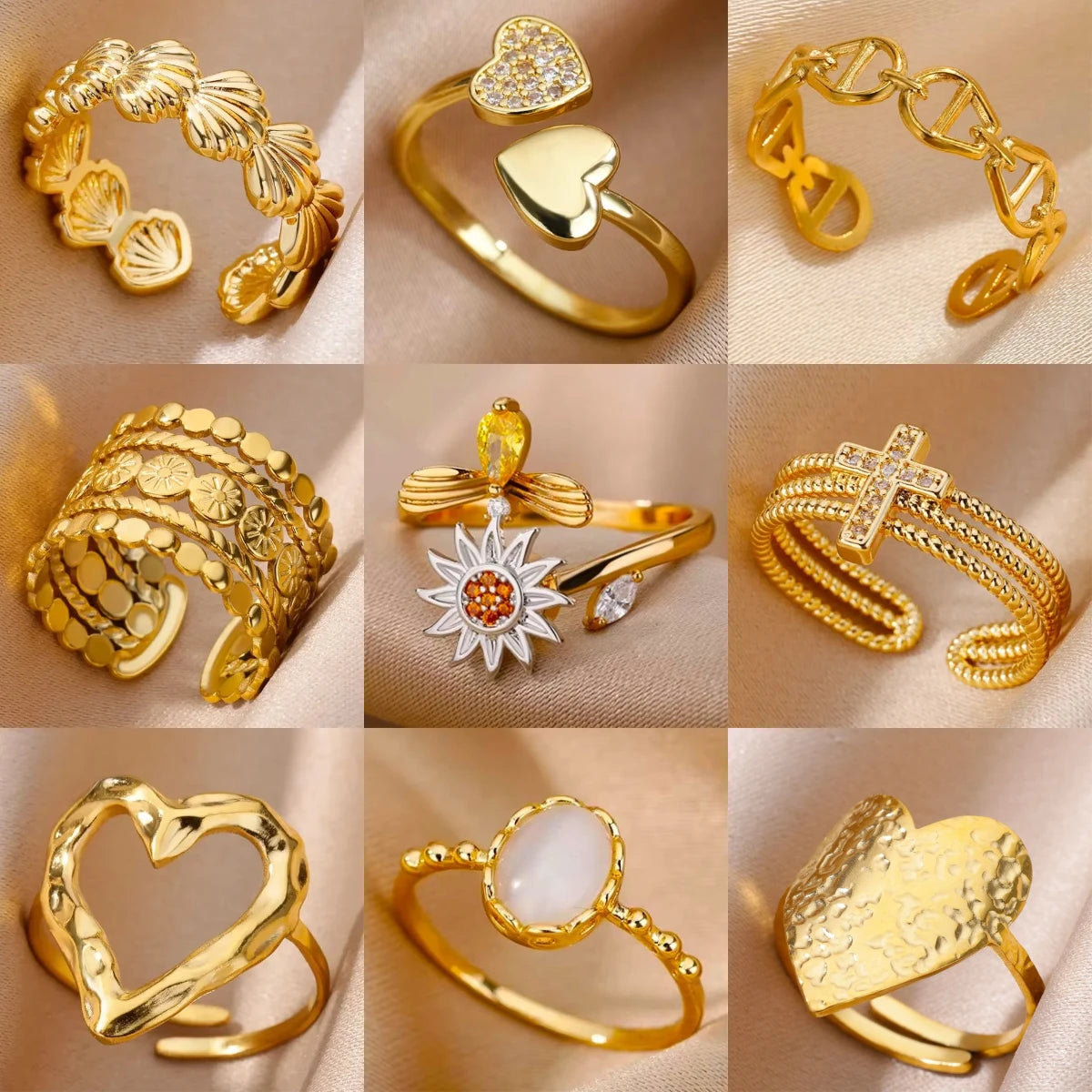 2025 Fashion Geometry Flower Rings For Women Gold Color Stainless Steel Finger Ring Trend Luxury Boho Aesthetic Jewelry