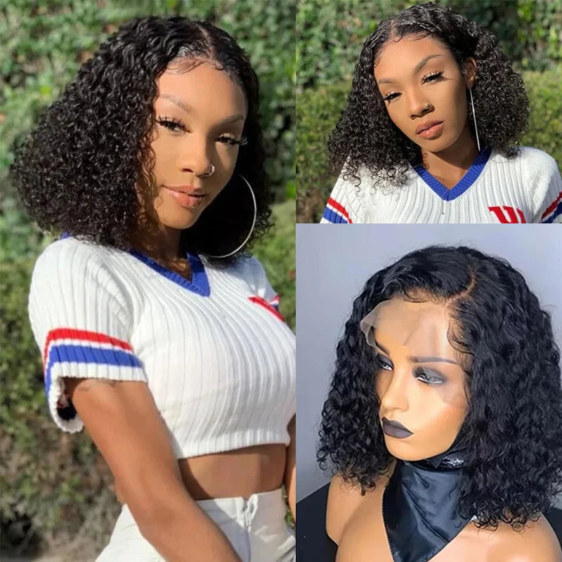 Deep Wave Human Hair Wigs Short 13x4 Lace Frontal Bob Wig 200% Density Water Wave Transparent Lace Pre Plucked Wigs For Women 1B