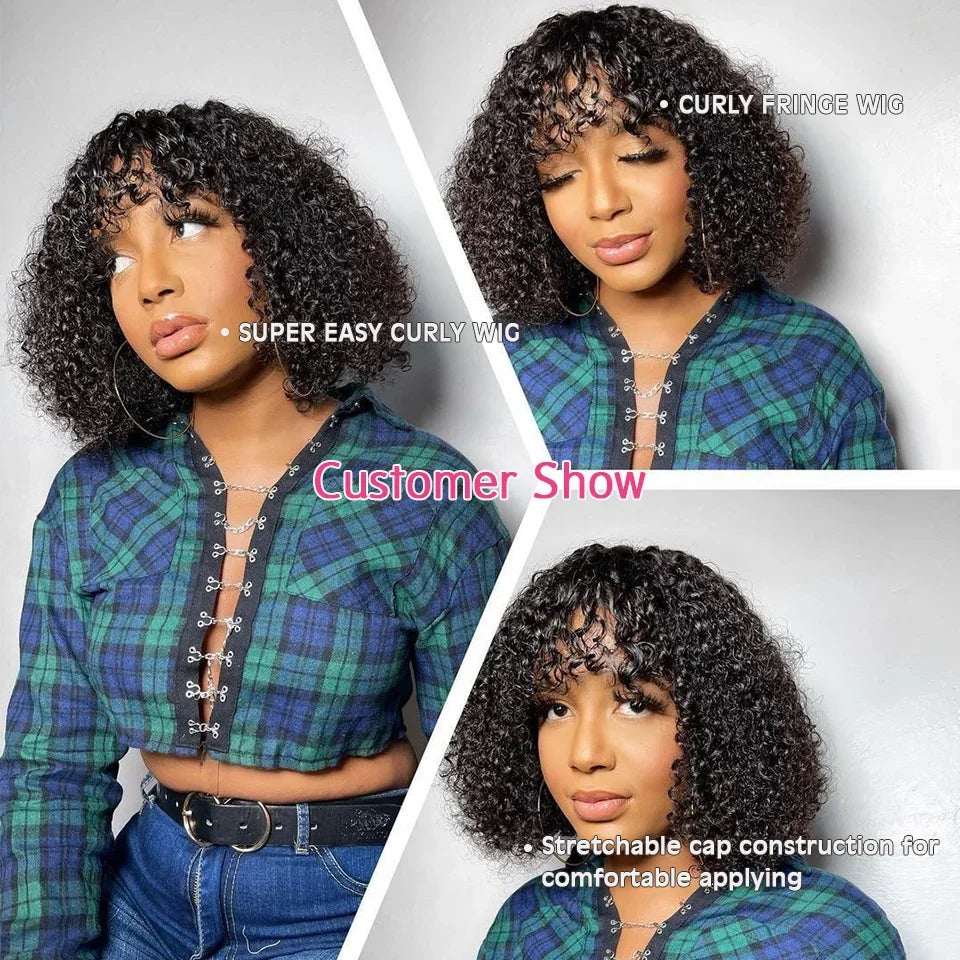 Water Wave Human Hair Wigs with Bangs Brazilian Human Hair For Women 180% Density Machine Made Deep Wave Curly Wigs Long Wigs