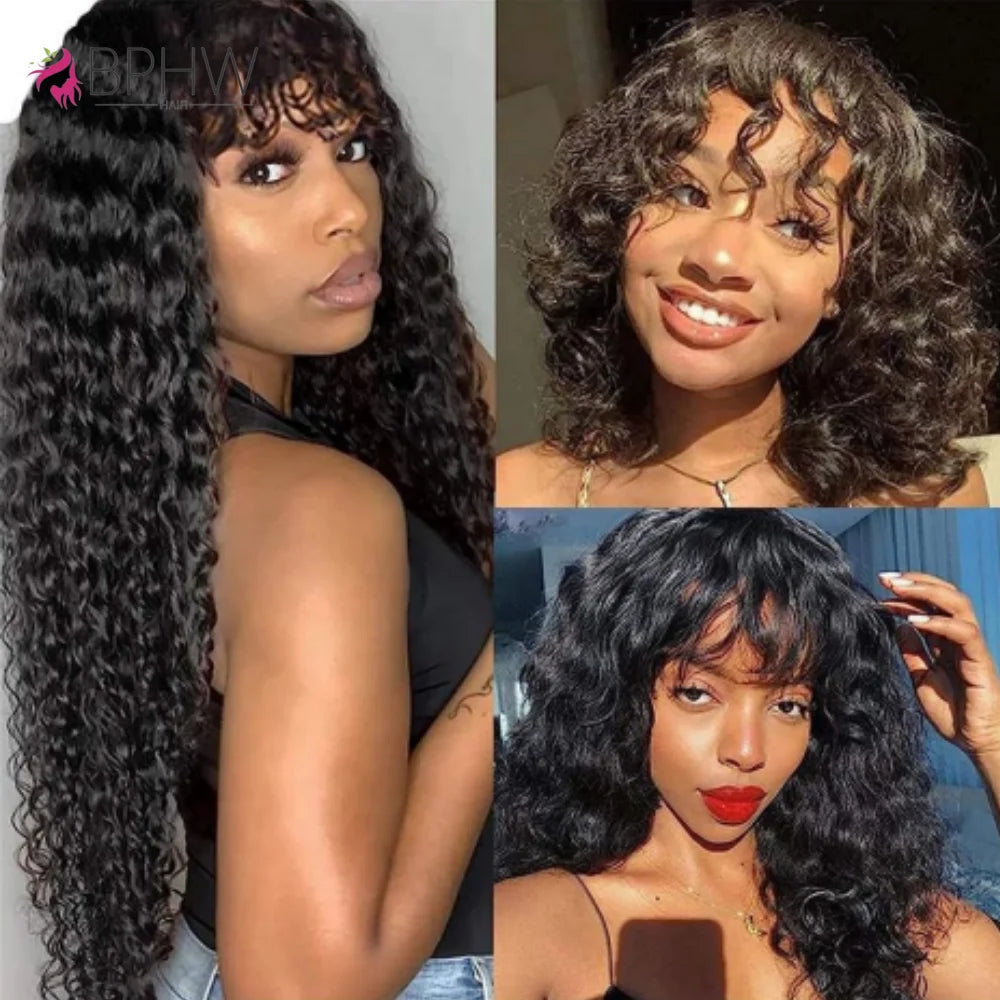 Water Wave Human Hair Wigs with Bangs Brazilian Human Hair For Women 180% Density Machine Made Deep Wave Curly Wigs Long Wigs