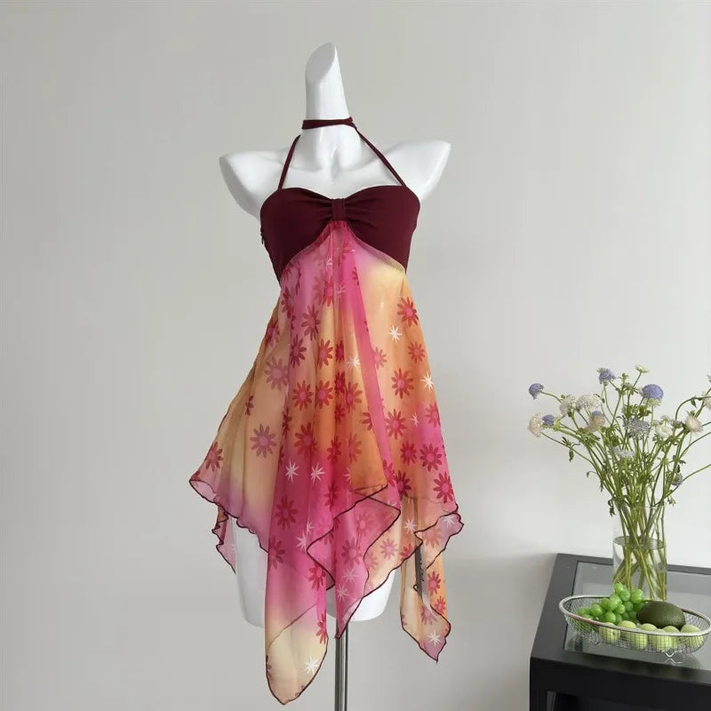 Summer Hot Girl Sexy Beach Party Top Ins Red Fashion Design Halterneck Slip Clothes Korea Elegant Floral Patchwork Bandeau Camis