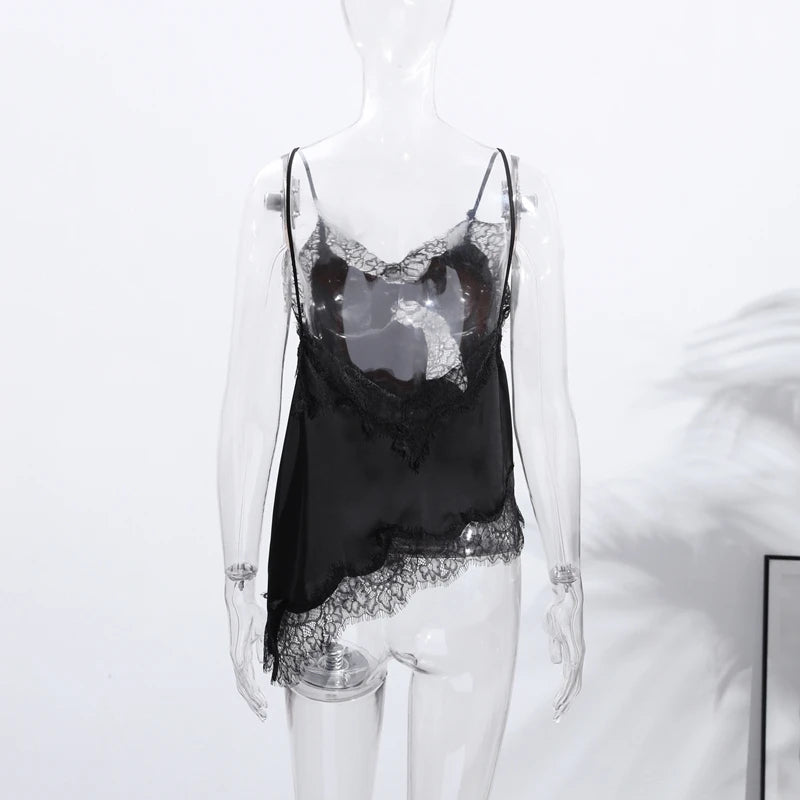 Summer Women Halter Top Satin Lace Spliced Tank Backless Deep Neck Sexy Vest Irregular Hem Vestidos 2025 Lady Vacation Sexy Tops