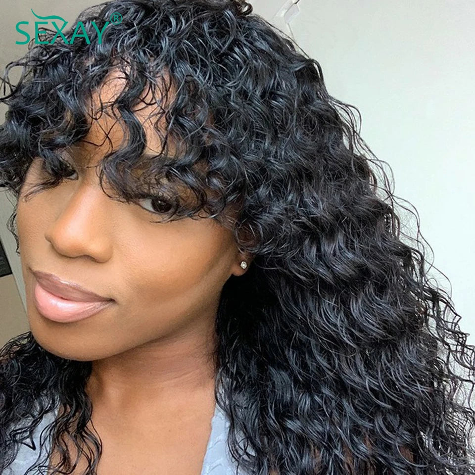 PU Fake Scalp Human Hair Wigs With Bangs 16-32 Inch Brazilian Deep Wave Curly Bangs Human Hair Fringe Wig 180 Density For Women