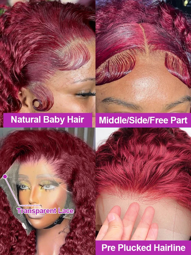 Curly Wigs 30 Inch Burgundy 13x4 Lace Frontal Human Hair Wigs High Density 99J Red Colored Deep Wave Human Hair Wigs Pre Plucked
