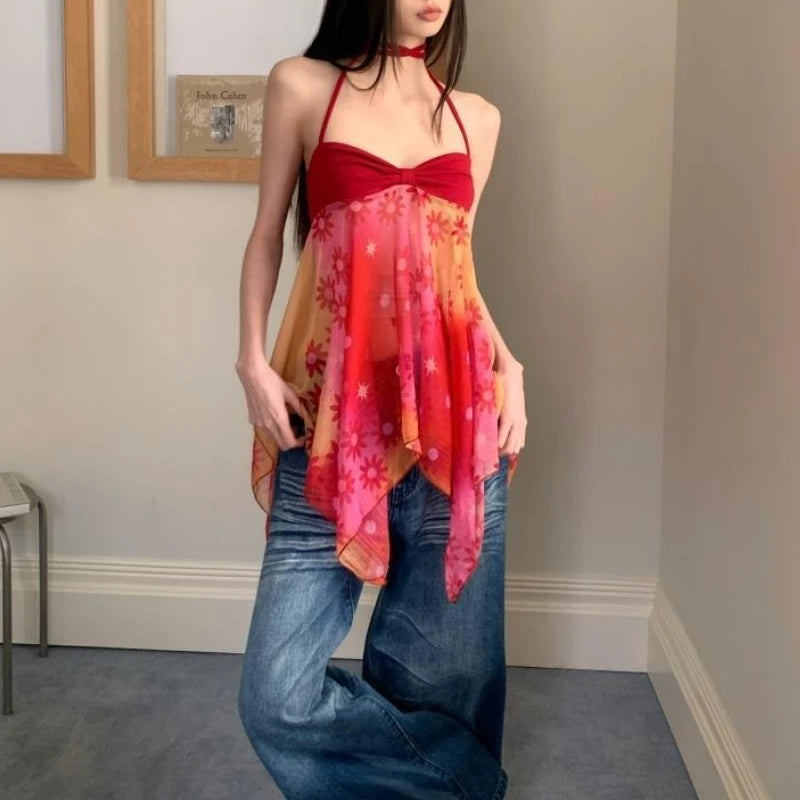 Summer Hot Girl Sexy Beach Party Top Ins Red Fashion Design Halterneck Slip Clothes Korea Elegant Floral Patchwork Bandeau Camis