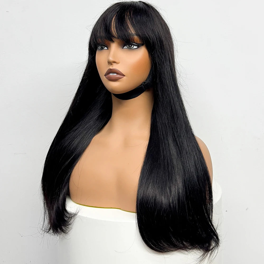 280% Density Straight Human Hair Wig With Bangs 100% Human Hair Wig 1x3 Lace Bang Straight Wig for Black Girl Women