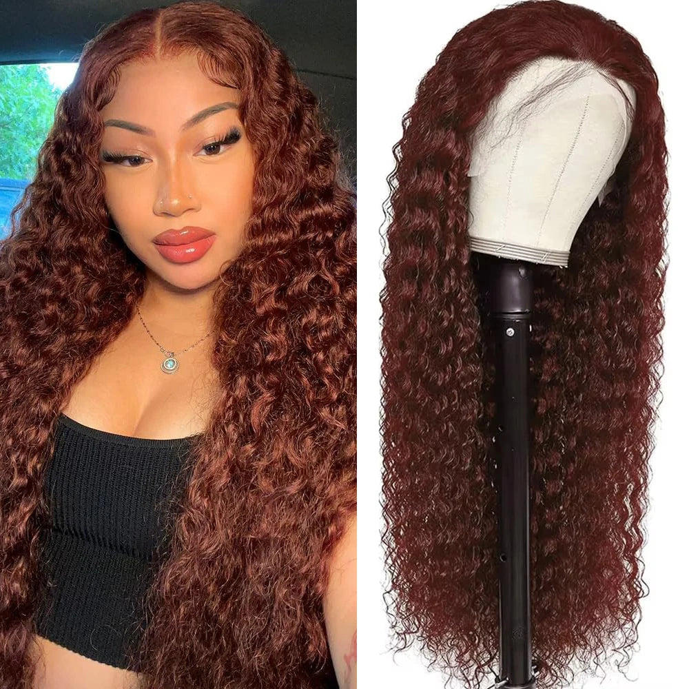 36 Inches Curly Wigs 13×6 Lace Front Human Hair Wig Reddish Brown Glueless Wigs Human Hair Water Wave Human Hair Wigs
