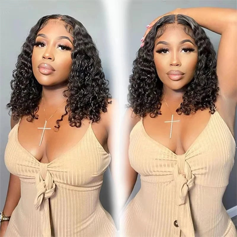 Deep Wave Human Hair Wigs Short 13x4 Lace Frontal Bob Wig 200% Density Water Wave Transparent Lace Pre Plucked Wigs For Women 1B