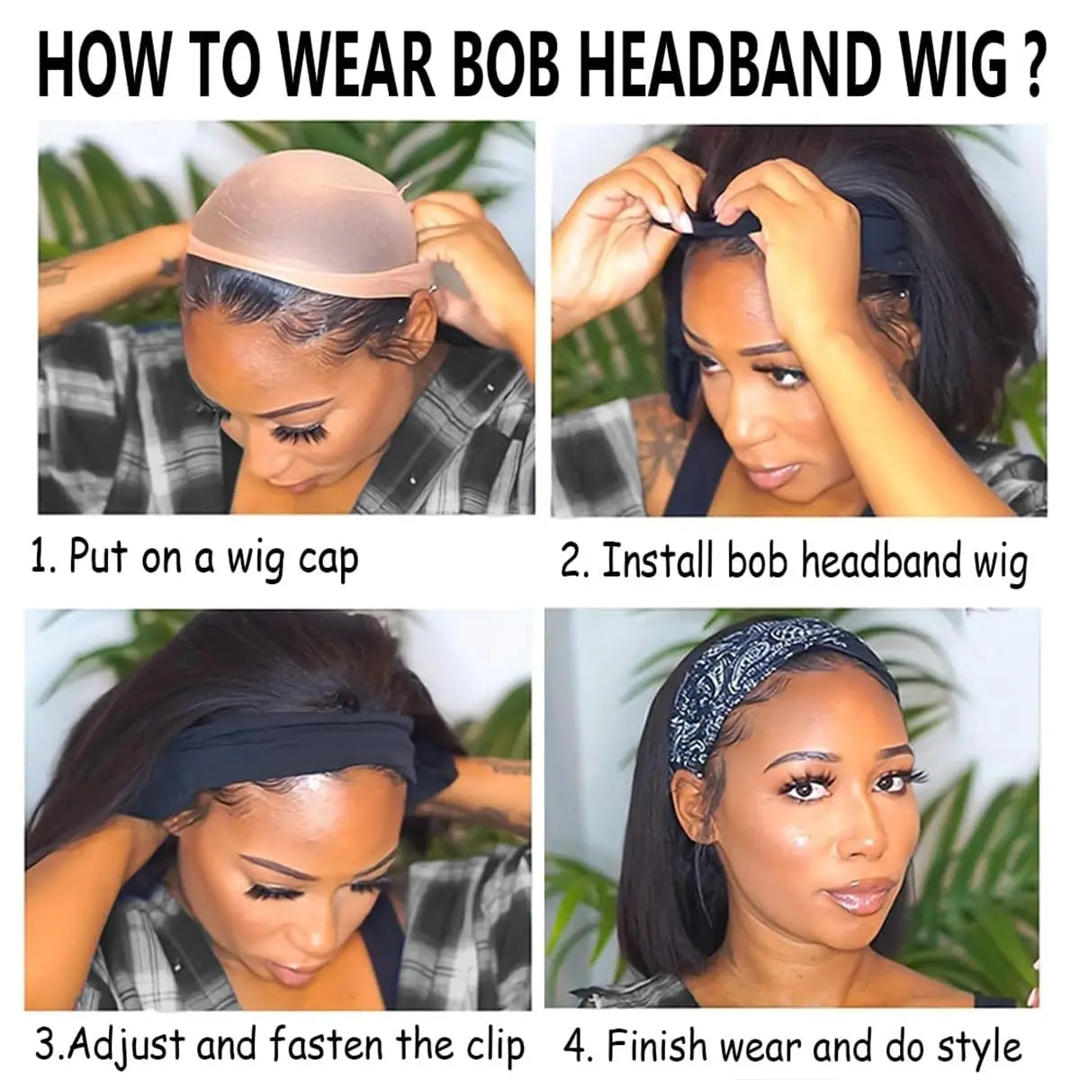 Straight Human Hair Wigs - Getarme Headband Wigs Human Hair Bob Wig Full Machine Made Curly Hair Bang Wig 8-16 Inches Remy Hair