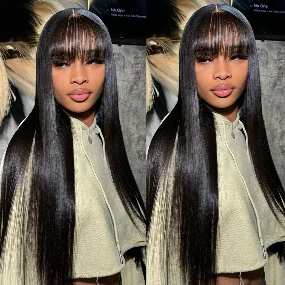 3x1 Hd Lace Straight Human Hair Wig With Bangs Short Bob Human Hair Wigs For Black Women Brazilian 30 34 Inch Long Fringe Wig