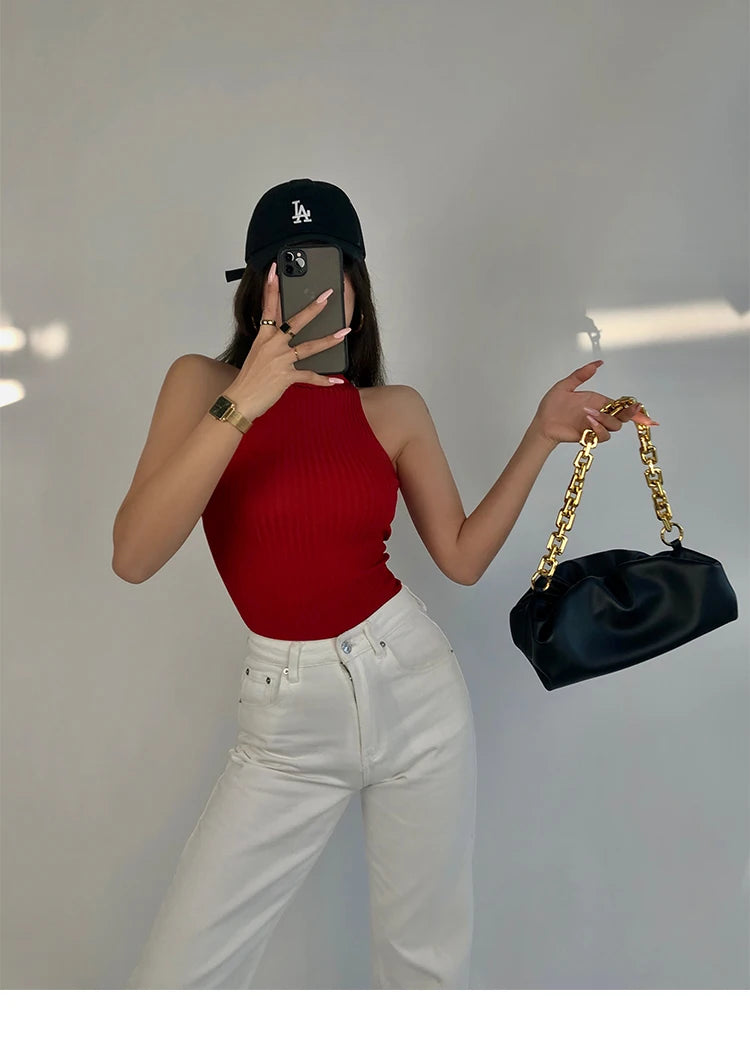HELIAR Women Off Shoulder Tops Turtleneck Tank Tops Knitted Hot Tops Women 2024 Summer Skinny Round Neck Solid Cute Cropped