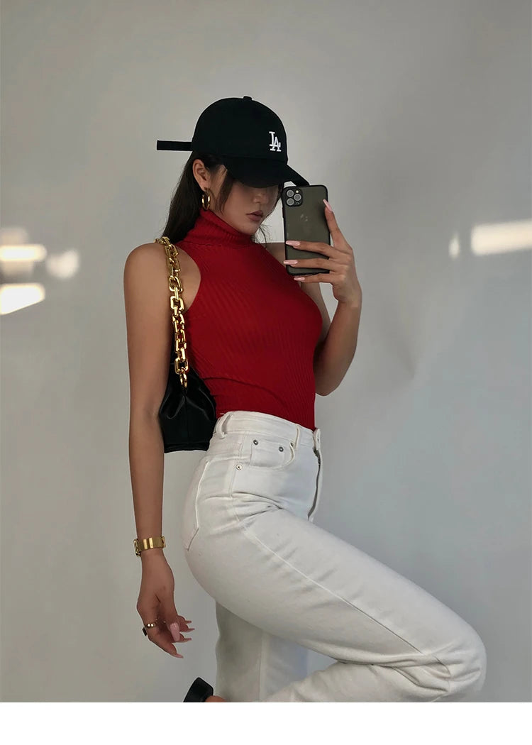 HELIAR Women Off Shoulder Tops Turtleneck Tank Tops Knitted Hot Tops Women 2024 Summer Skinny Round Neck Solid Cute Cropped