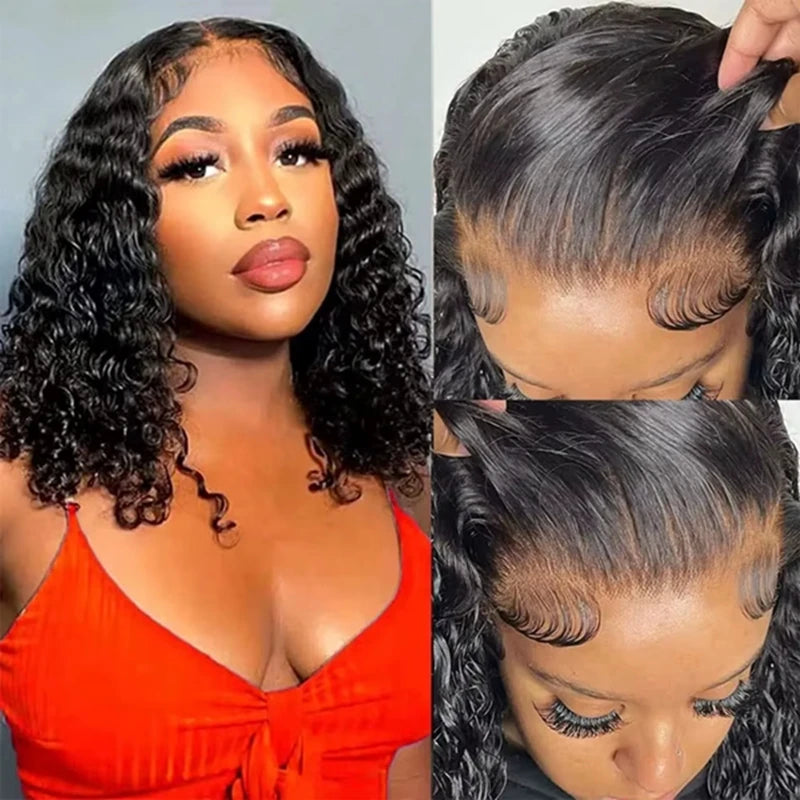 Deep Wave Human Hair Wigs Short 13x4 Lace Frontal Bob Wig 200% Density Water Wave Transparent Lace Pre Plucked Wigs For Women 1B