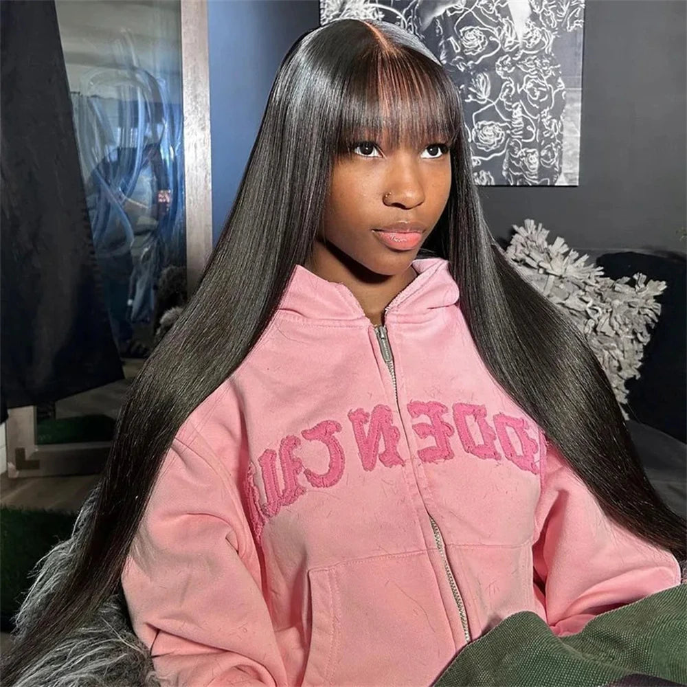 3x1 Hd Lace Straight Human Hair Wig With Bangs Short Bob Human Hair Wigs For Black Women Brazilian 30 34 Inch Long Fringe Wig