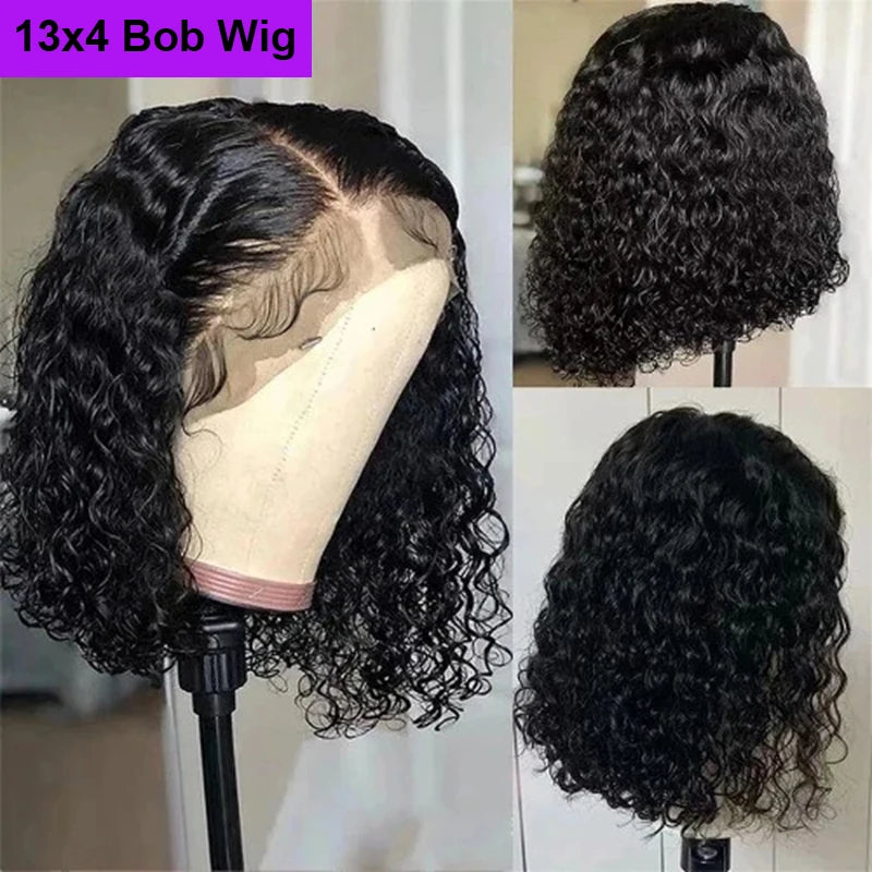 Deep Wave Human Hair Wigs Short 13x4 Lace Frontal Bob Wig 200% Density Water Wave Transparent Lace Pre Plucked Wigs For Women 1B